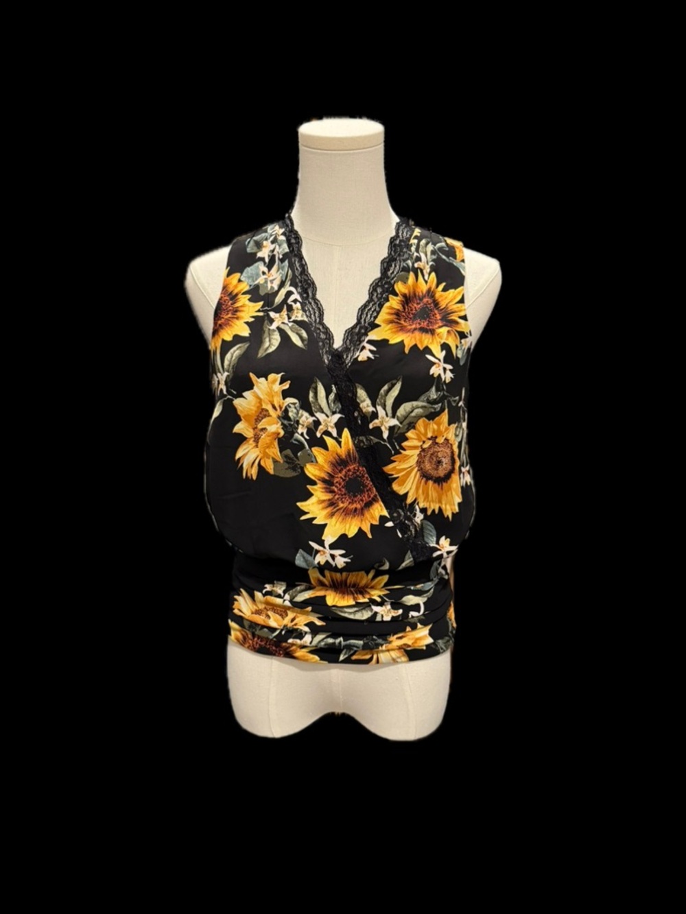 White House Black Market Black Sunflower Lace-Trim V-Neck Cami